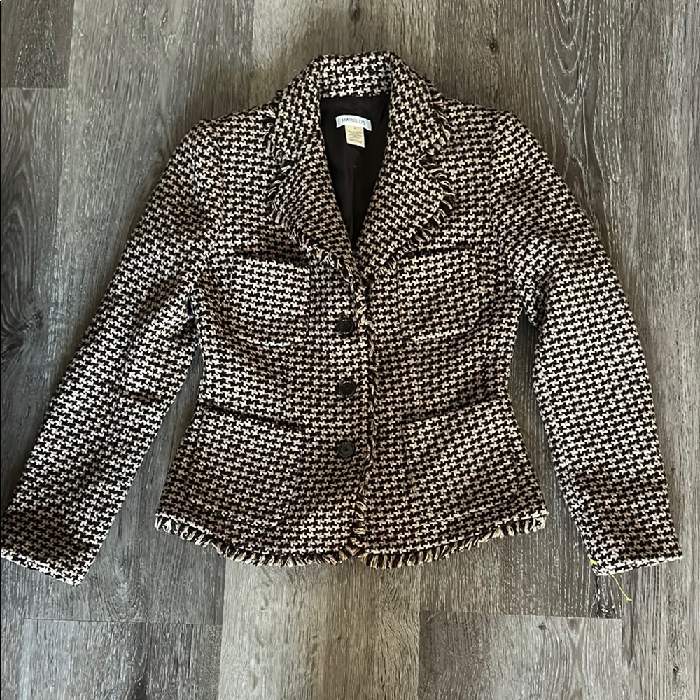 HAROLDS Brown and Tan Houndstooth Fringe Jacket